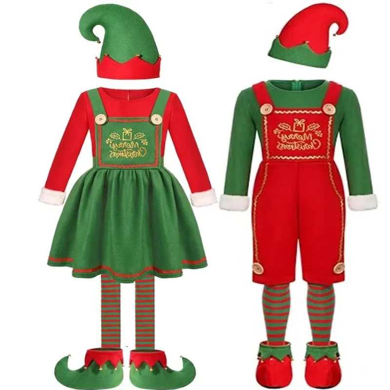 Festive Christmas Elf Family Costume 4-Piece Set With Elf Ears Wig Set Lightweight Comfortable For Boy Girl Halloween Role Play