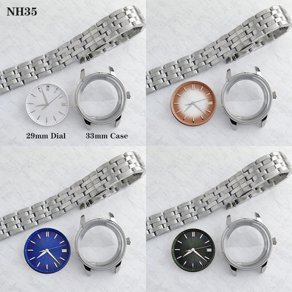 

33mm Cocktail Case Arched Glass Watch Casel Stainless Steel Strap For NH35 Movement 29mm Dial DIY Women's Watch Mod Parts Set