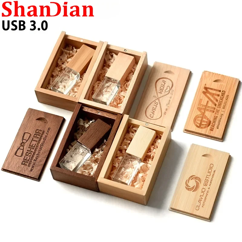 High Speed USB 3.0 Flash Drive Brown Wooden Crystal Maple 64GB 32GB 4GB Pen usb 128GB Free custom logo Wedding Photography Gifts