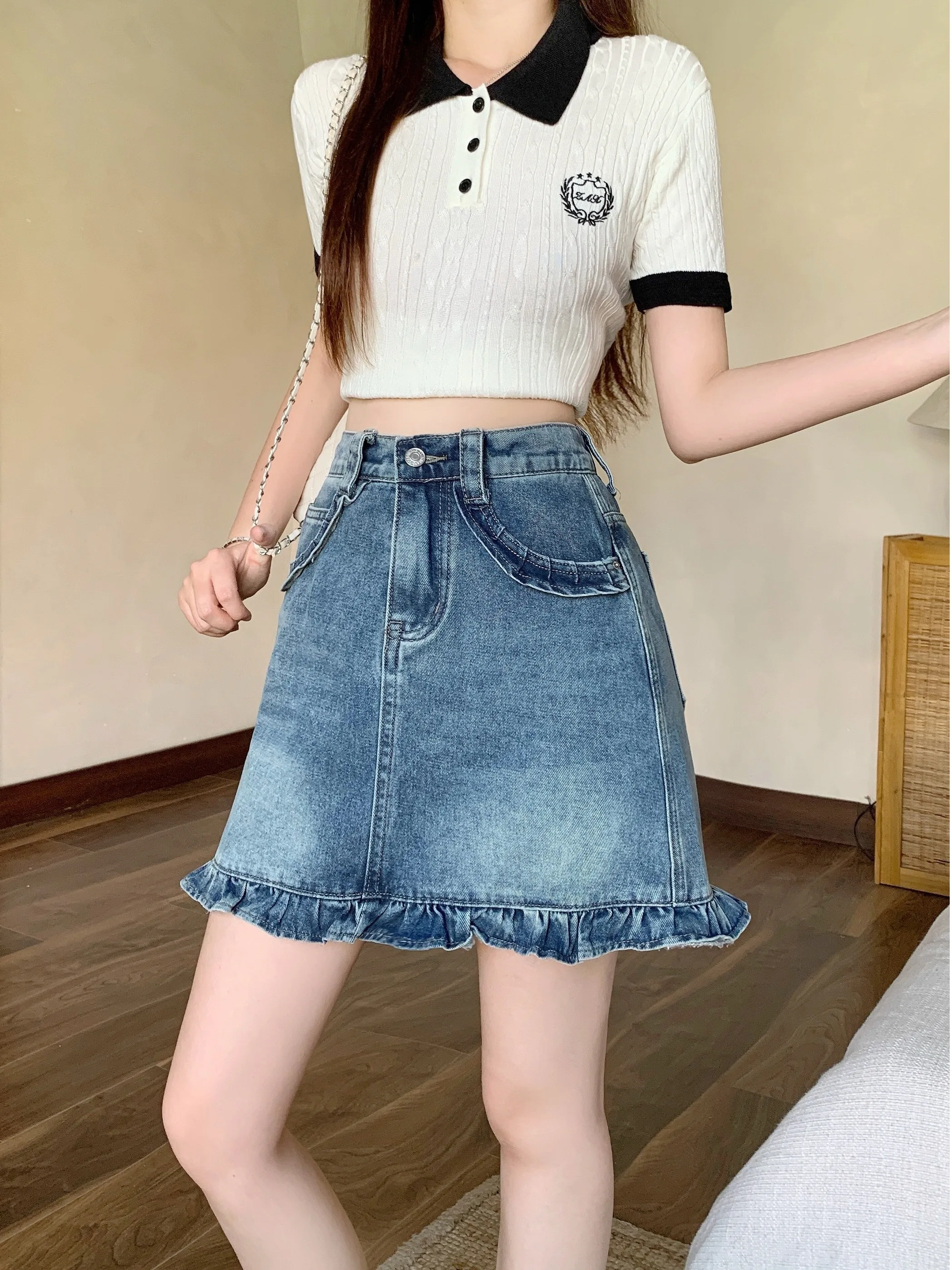 

plus Size Women's Retro Patchwork Denim A-Line Skirt High Waist Summer New Style Fashionable Short Skirts Korean Style