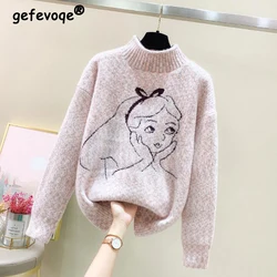 Women Winter Kawaii Cartoon Half High Collar Thick Knitted Sweater Casual Streetwear Long Sleeve Loose Pullover Tops Y2K Jumpers