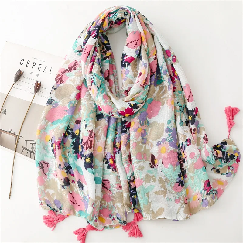 New Cotton and Hemp Feel Scarf Comfortable and Soft Printed Design Fresh Sweet and Fashionable Tassel Shawl