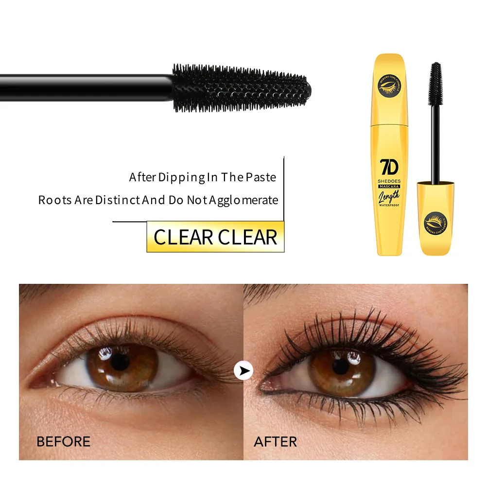 1 peça 7D olho preto preto é sedoso, fácil de aplicar, durável, encaracolado, em forma, à prova d'água, cosméticos de maquiagem para os olhos