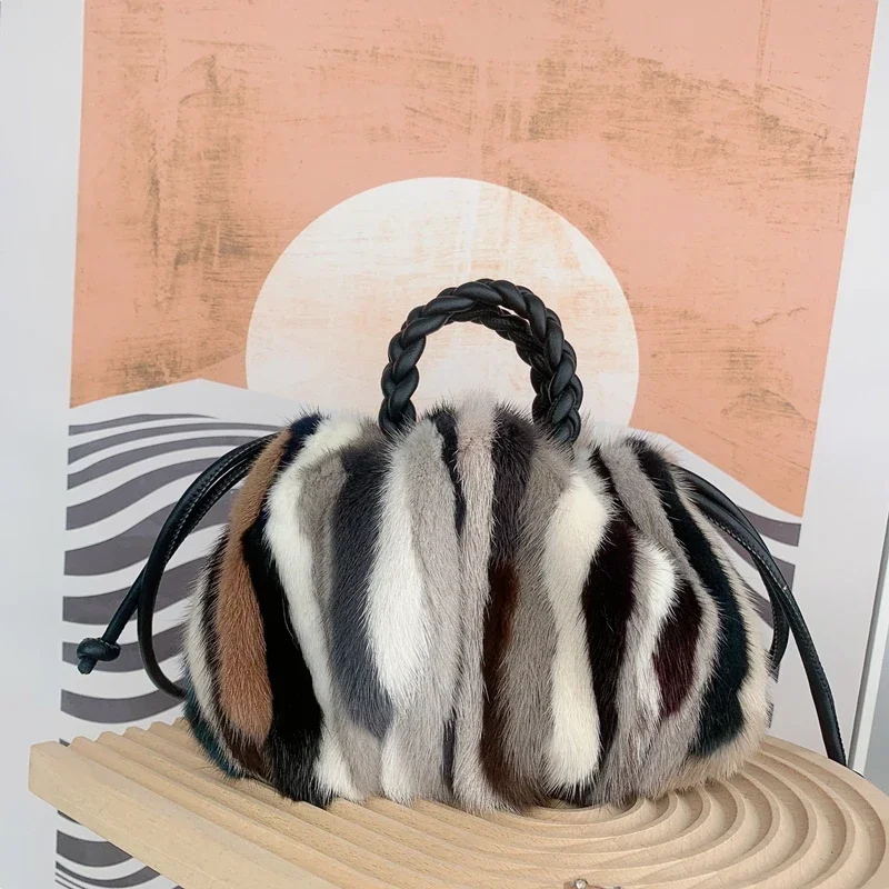 Winter High Quality Mink Fur Handbag 2025 Fashion Contrasting Stripes Pleated Women's Tote Bag Luxury Soft Warm Crossbody Bag