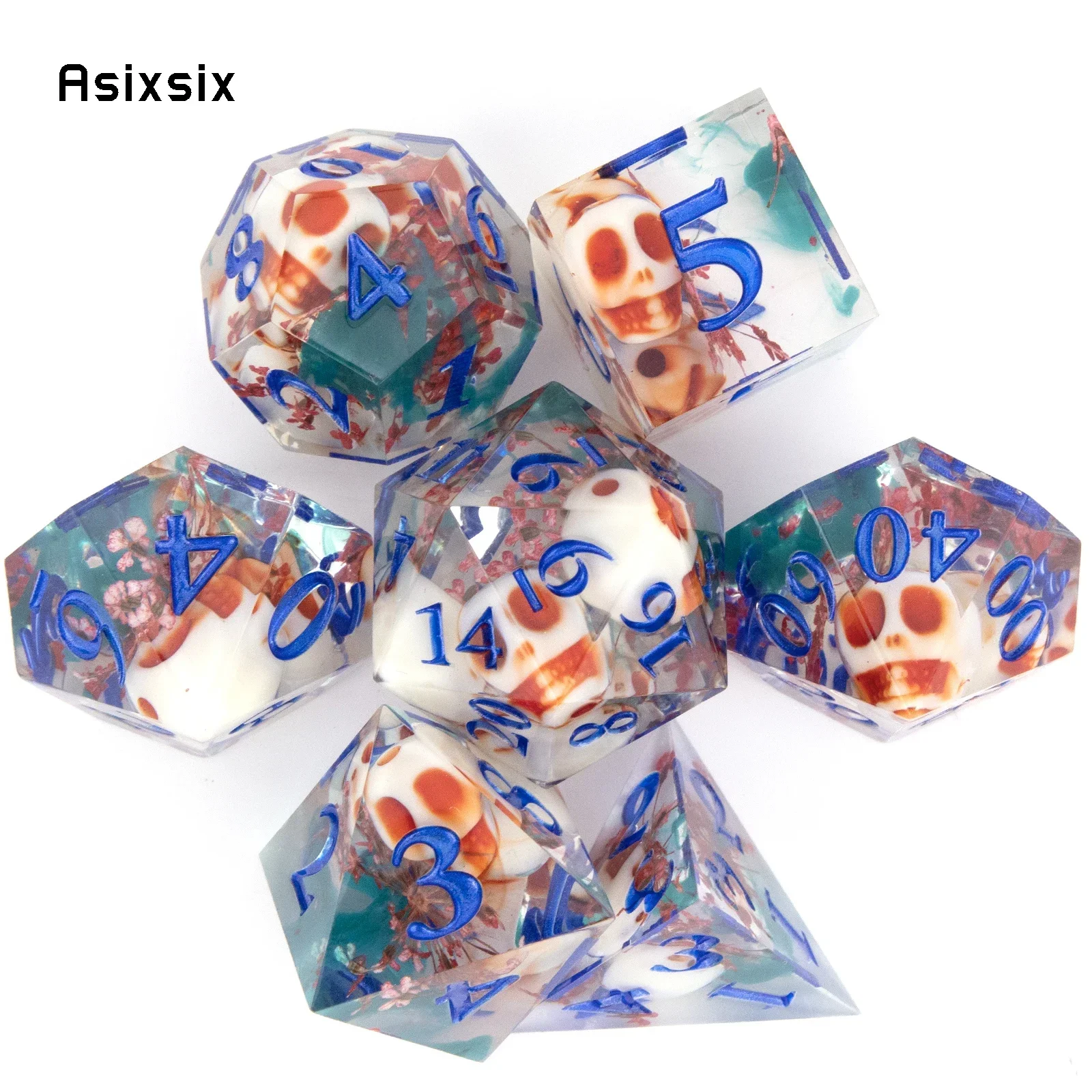 

7 Pcs Blue Skull Resin Blue Number Sharp Edge Dice Polyhedral Dice Suitable for Role-Playing RPG Board Game Card Game