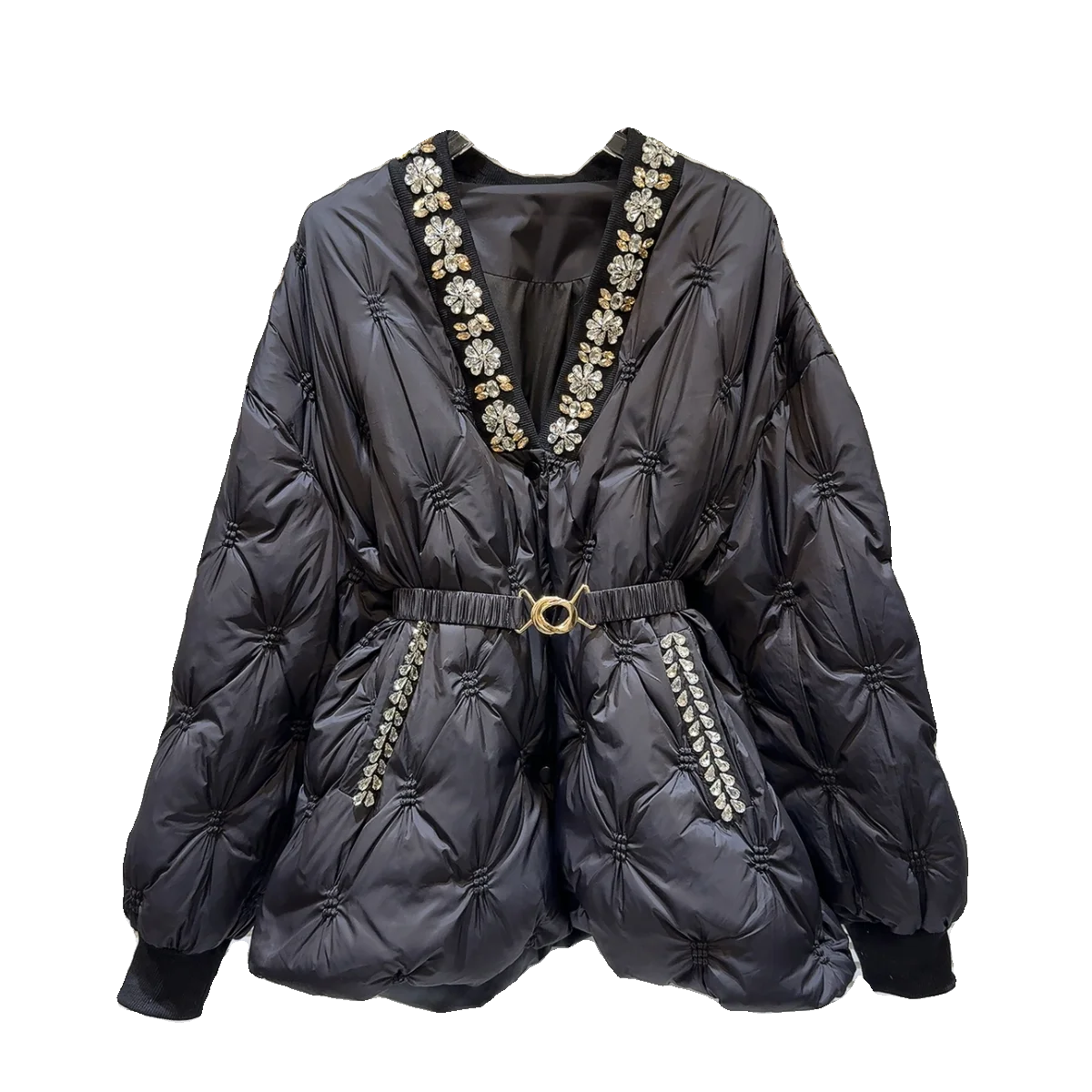 트렌디한 겨울용 면 재킷 진주 장식 V넥 허리 조임 따뜻한 프랑스 스타일 긴 소매 출퇴근용 레귤러 L...