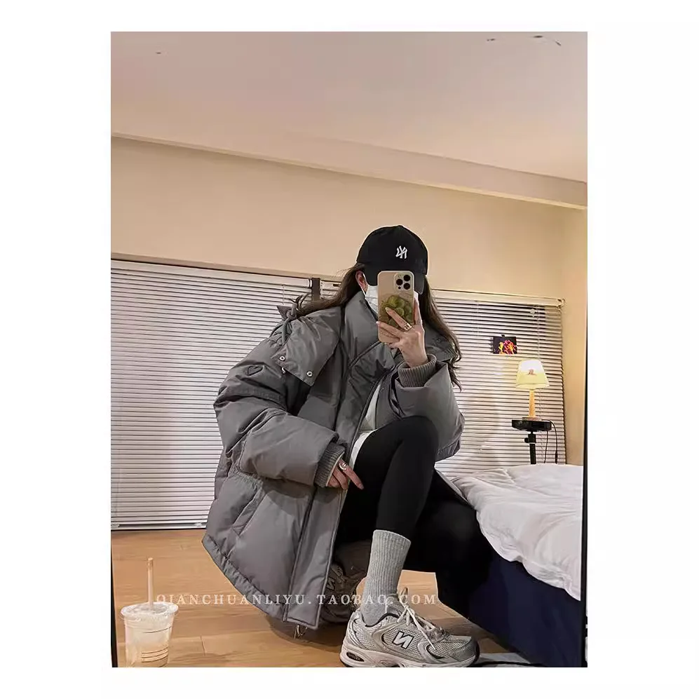 Women Gray Heart Print Short Puffer Padded Coat, Couple Unisex Winter Jacket Sweet Style