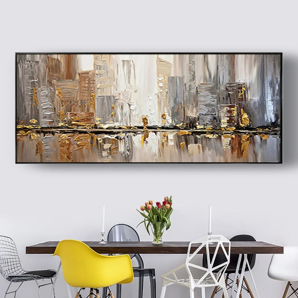 

Modern Abstract Canvas Paintings Handmade Brown Copper Thick Texture Wall Picture City Building Art Decor Living Room Oil Mural