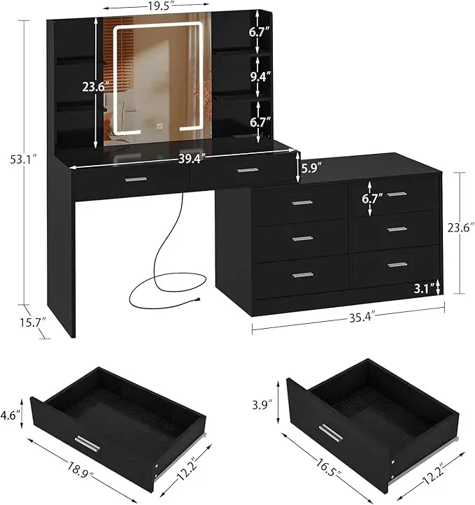 Vanity Makeup Desk with LED Light Mirror & Power Outlet, 8 Drawers, 6 Storage Shelves, 3 Color Modes & Adjustable Brightness