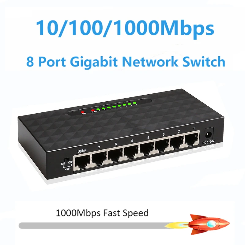 Interruptor de red Gigabit de 8 puertos, adaptador de corriente de concentrador de conmutación Ethernet rápida de escritorio, RJ45 LAN, 1000Mbps,