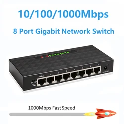 Interruptor de red Gigabit de 8 puertos, adaptador de corriente de concentrador de conmutación Ethernet rápida de escritorio, RJ45 LAN, 1000Mbps, para Monitor doméstico