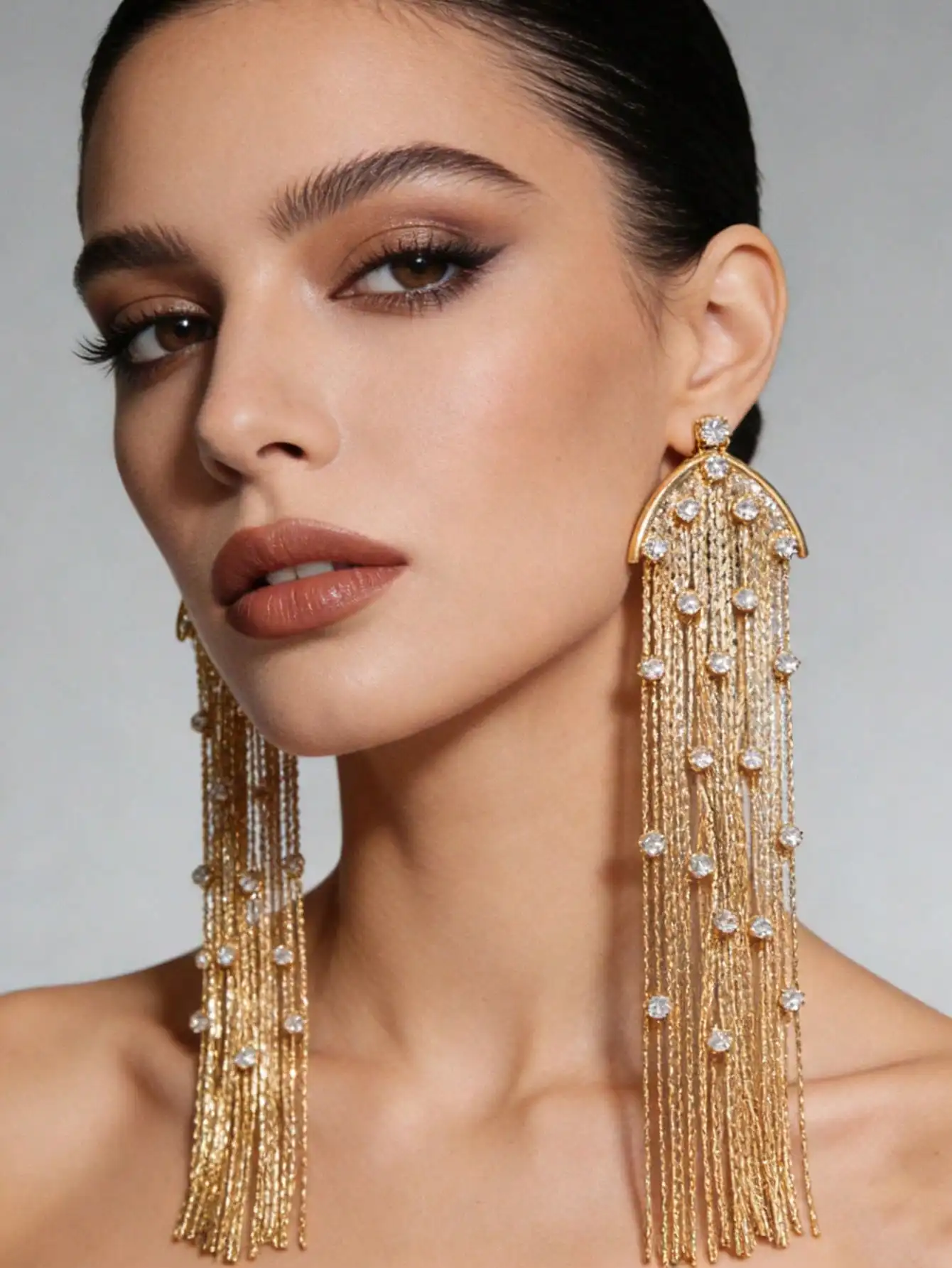 Women's Chunky Gold Tassel Drop Earrings Rhinestone Embellished Fringe Oversized Statement Jewelry