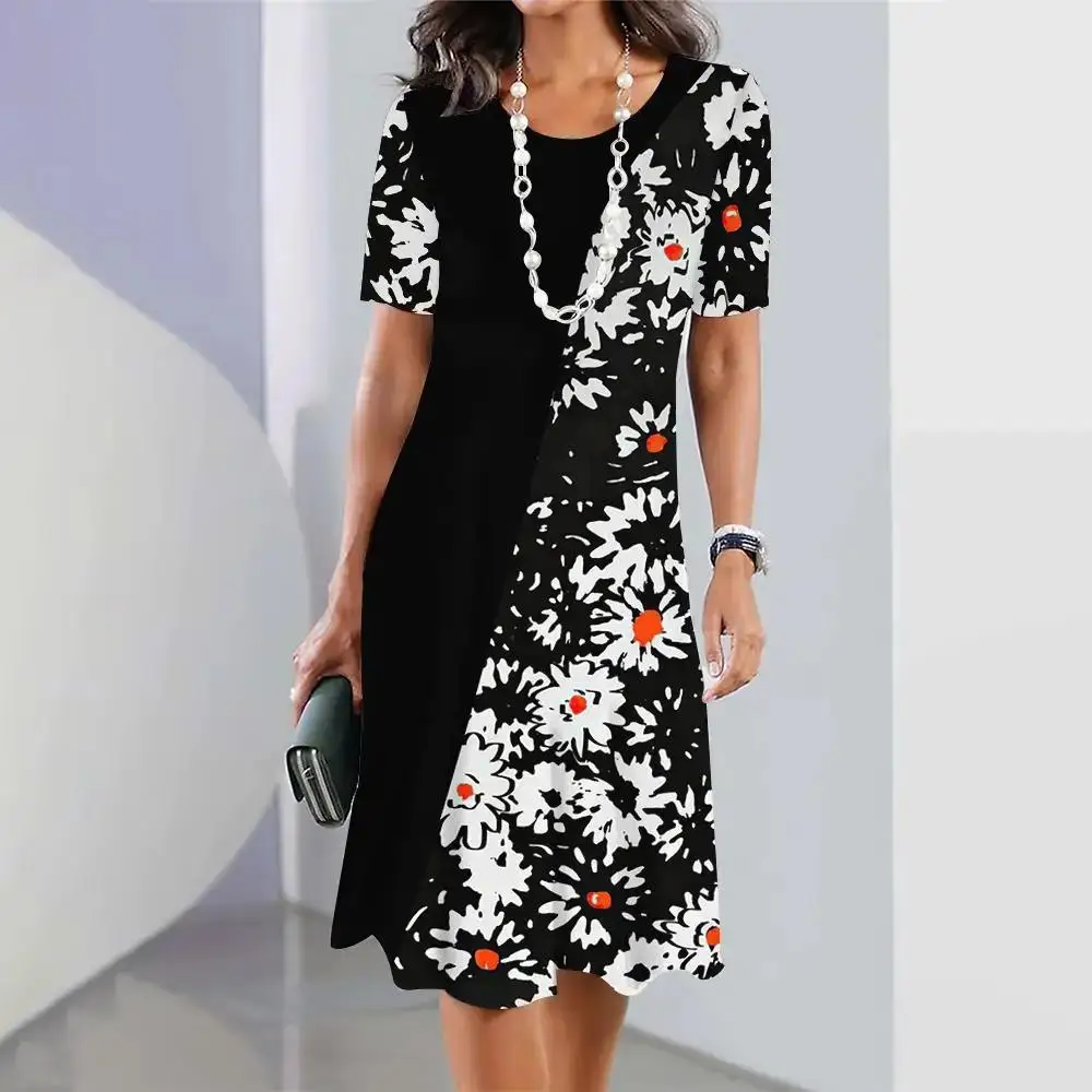 Camiseta Or Sve para mujer Dr Casual cintura media falda acampanada tela de poliéster redonda Ne Basic Sle temporada de primavera