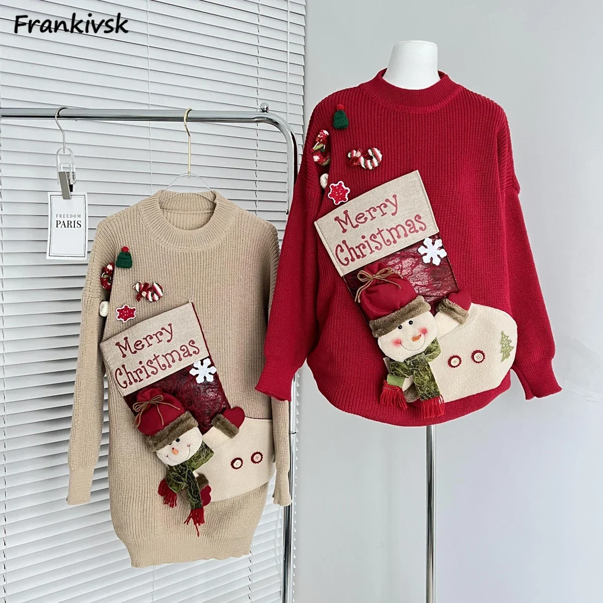 

3D Decoration Sweaters Women O-neck Autumn Winter Christmas Colorful Prevalent Fashion Streetwear Cute Snowman-design Knitwear