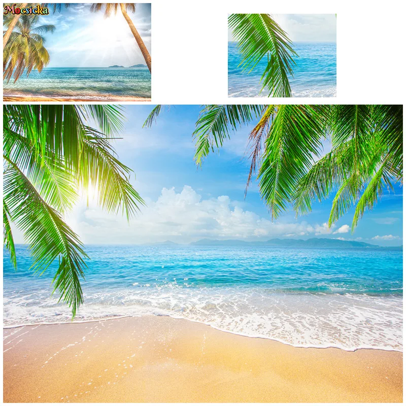 

Mocsicka Summer Photography Backdrop Happy Birthday Party Sea Palm Tree Background Mural Cake Smash Studio Photo Banner Props