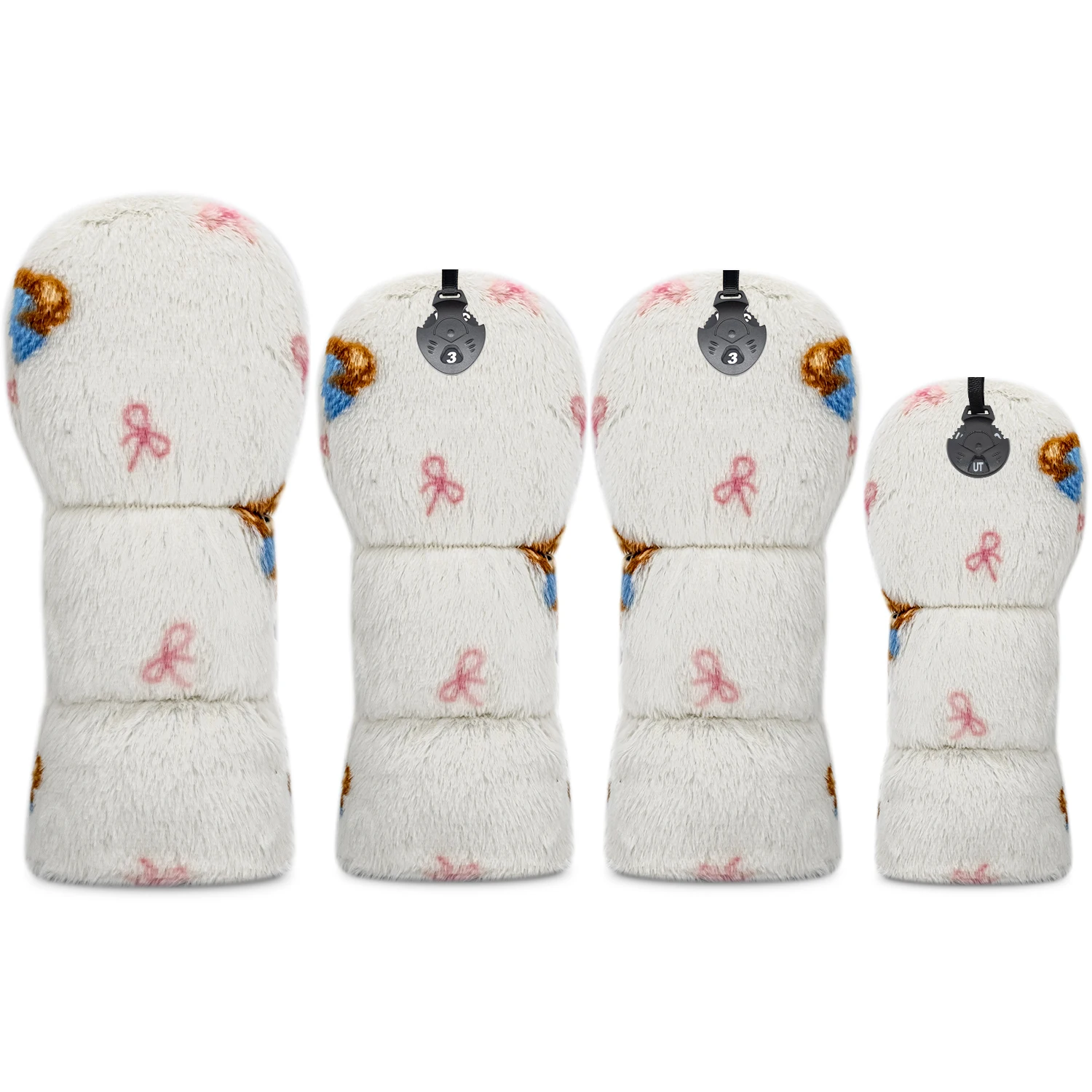 1PC/4PCS Plush Bear Golf Wood Head Covers, White Base With Cute Bear Pattern, Soft Fabric Material, Thick Inner Lining