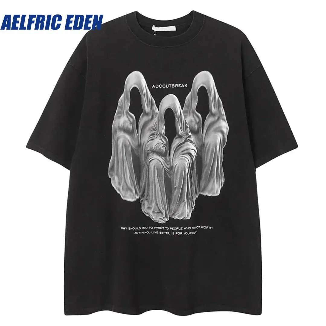 

Aelfric Eden Vintage Men T-Shirt Streetwear Hip Hop Plaster Statue Graphic Print Washed Tshirt Punk Gothic Cotton Shirts Tops