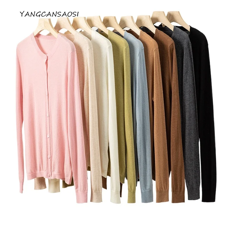 

Women's Casual Early Autumn Sweater New 100% Wool Round Neck Long Sleeved Soft and Skin Friendly Thin Commuting Knitted Cardigan