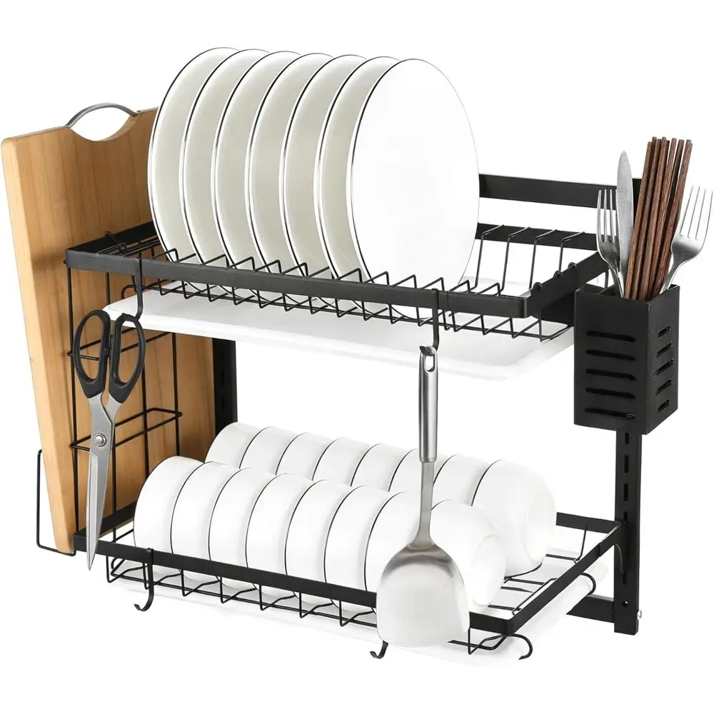 

Двухуровневая настенная сушилка для посуды, большая вместительная подвесная сушилка для посуды с регулируемой высотой, из углеродистой стали с держателем для разделочной доски