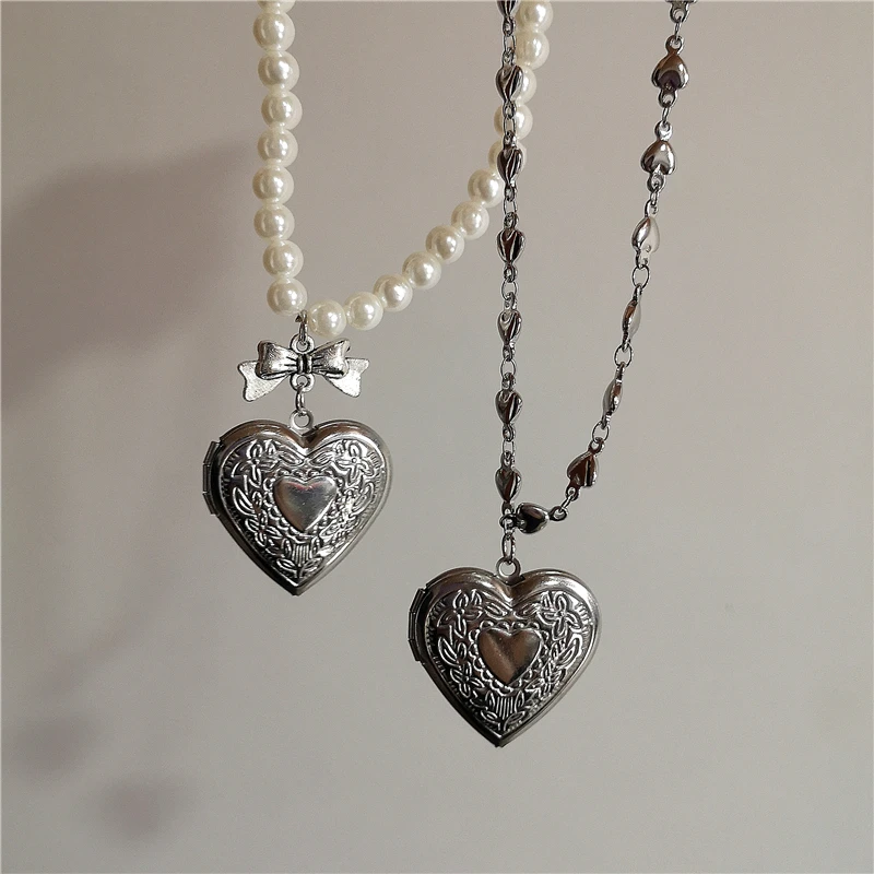 Kpop Goth Harajuku Aesthetic Bow Heart Pendant Pearl Necklace For Women Egirl Y2k 2000s EMO Vintage Punk Jewelry Accessories