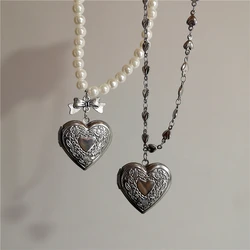 Kpop Goth Harajuku Aesthetic Bow Heart Pendant Pearl Necklace For Women Egirl Y2k 2000s EMO Vintage Punk Jewelry Accessories