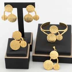 4Pcs Geometry Jewelry Set Round Shape Pendant Dubai Gold Plated Earrings Copper Cuff Bangles Adjustable Ring Jewelry Accessories