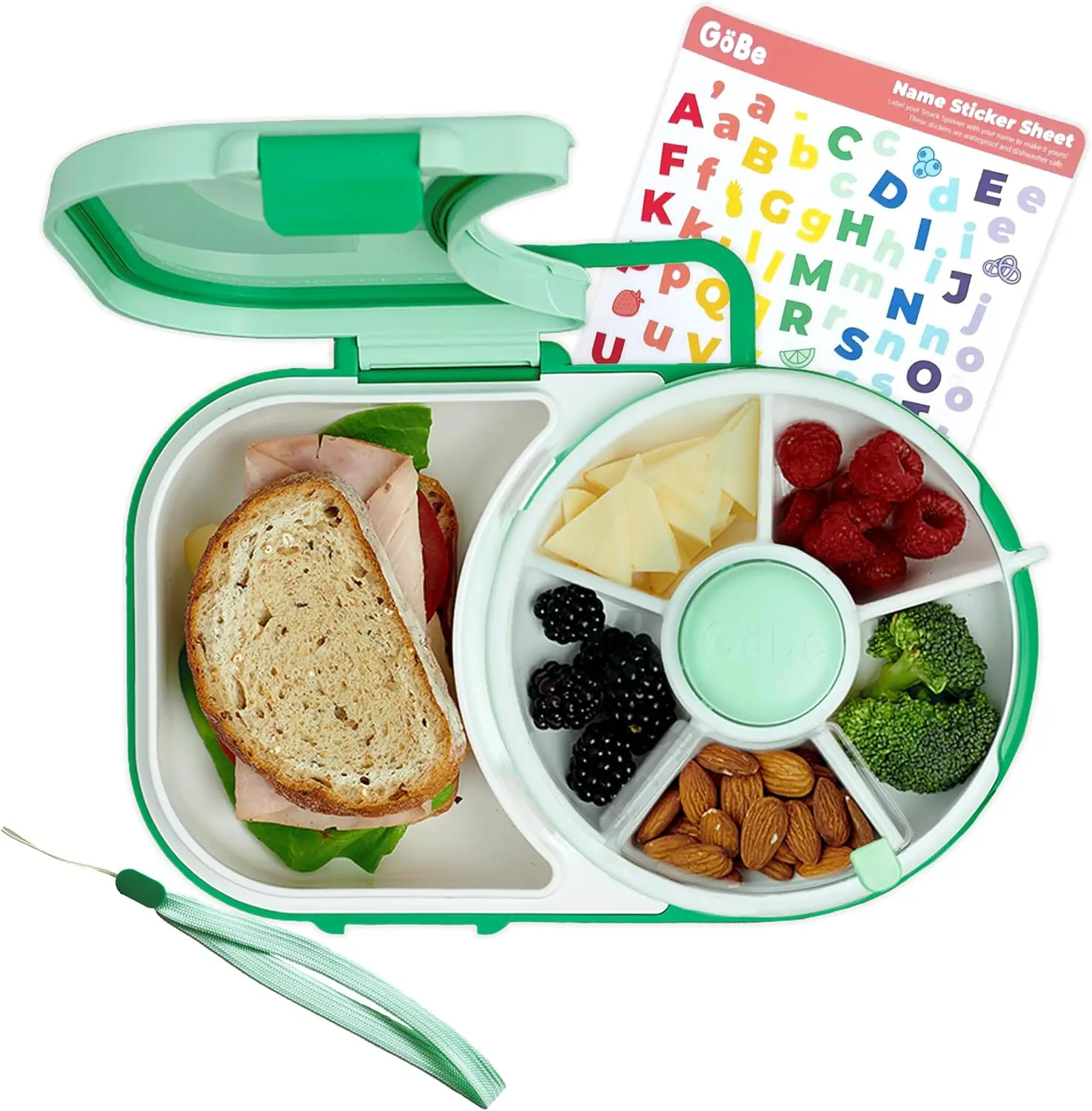 

Kids Lunchbox with Small Snack Spinner Flip - Bundle with Hand Strap & Sticker Sheet, 2-in-1 Bento Style Lunch Container