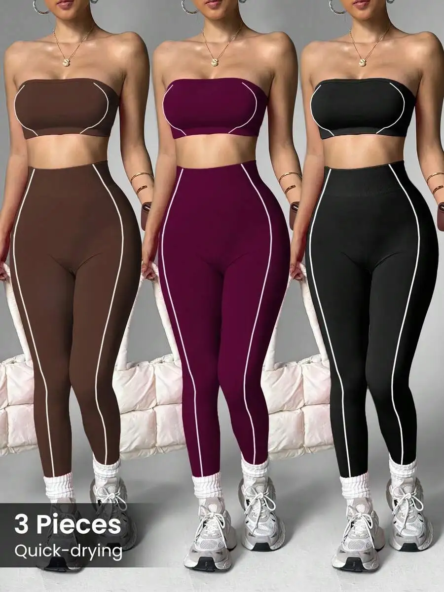 

Women Seamless Striped Sports Bra And Leggings Set Quick Dry Activewear