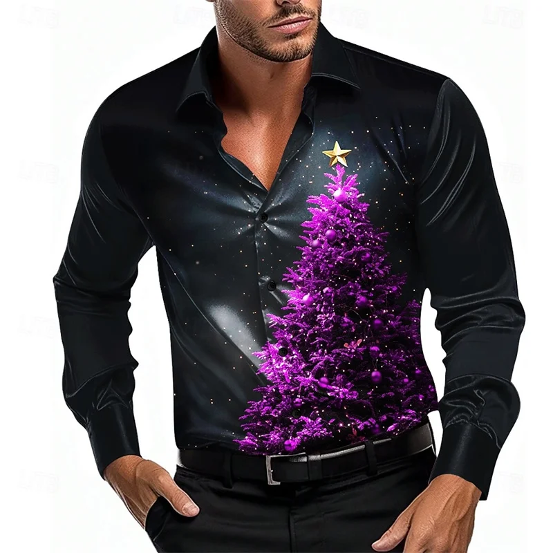 2024 Designed Christmas Tree Print men\'s Shirts Casual Fashion Button Up Collar Long Sleeve Shirt Street Loose Harajuku Men Tops