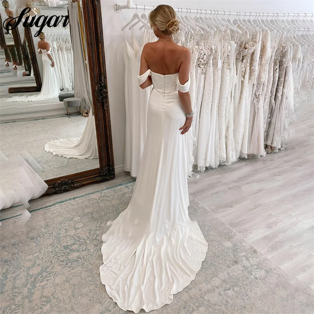 Simple Ivory Mermaid Wedding Dress Satin Pleat Off The Shoulder Bride Dresses Side Split Saudi Arabia Wedding Party Dress