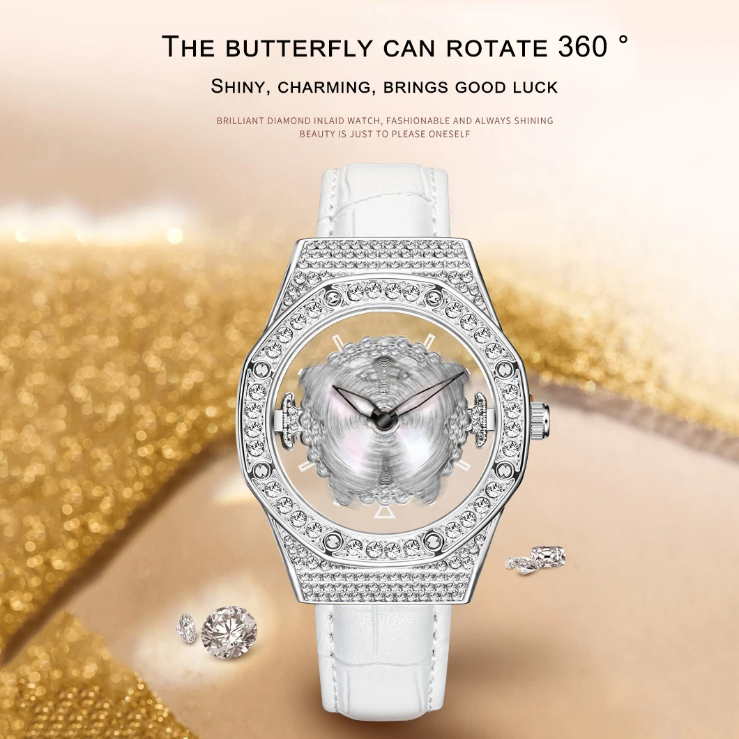 Fashion Women Rotating Butterfly Sparkling Crystal Rhinestone Leather Quartz Watch