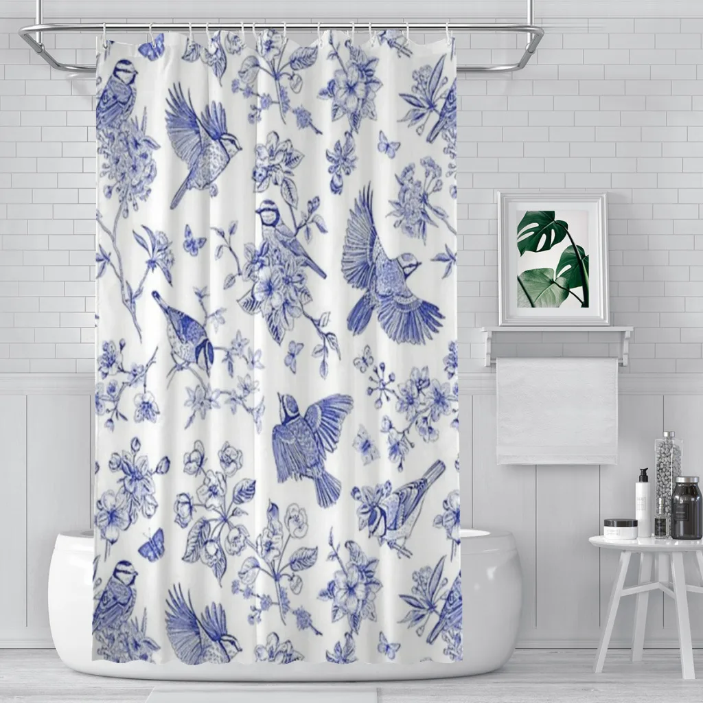 Vintage Blue Toile Birds French Country Pattern Shower Curtain Landscape Bath Curtain With Hooks for Bathroom waterproof scenery