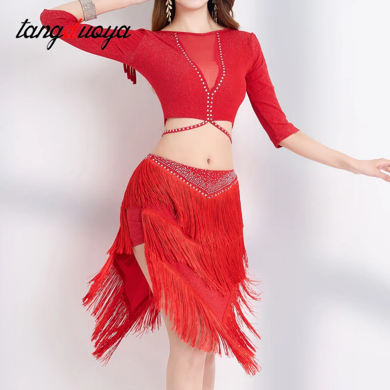 Latin Dance Clothes For Women Rhinestone Fringe Dress Professional Rumba Practice Clothing Ballroom Dance Competition Dress