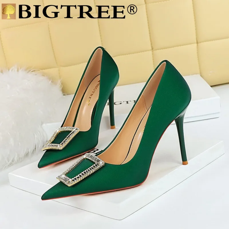 

BIGTREE Fashion High Heels Women Sexy Party Shoes Rhinestone Pointed Toe Silk 10CM Thin Heels Classics Women Dress Women Shoes