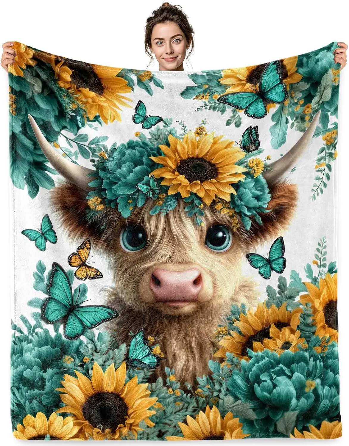 Jekeno Highland Cow Sunflower Gifts Blanket Butterfly Floral Throw Blanket