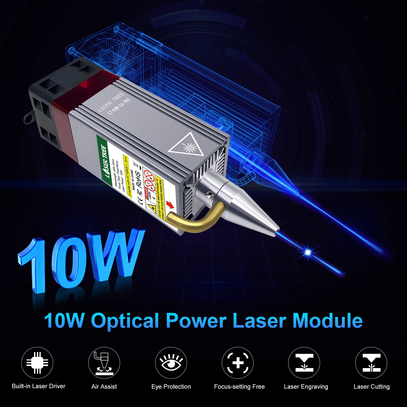 LASER TREE 5W 10W Laser Head With Air Assist Fixed Focus Module  TTL Blue Light CNC Machine Cutting Engraving For Wood DIY Tools