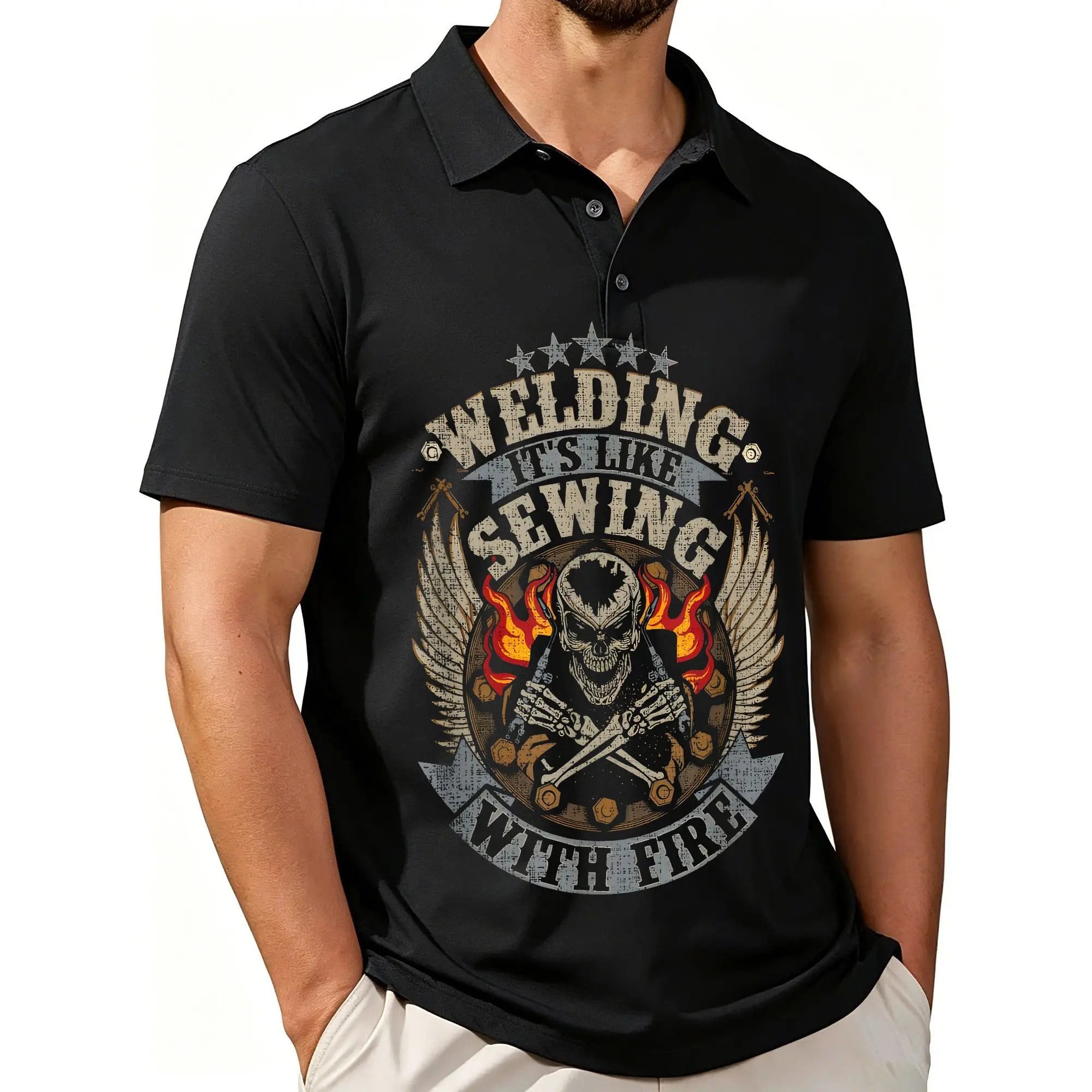 Men's Printed Short-Sleeve Polo Shirt with Welding-Themed Fun Welder Slogans, Stylish and Casual Fit, Breathable Fabric, Suitable for All Seasons.