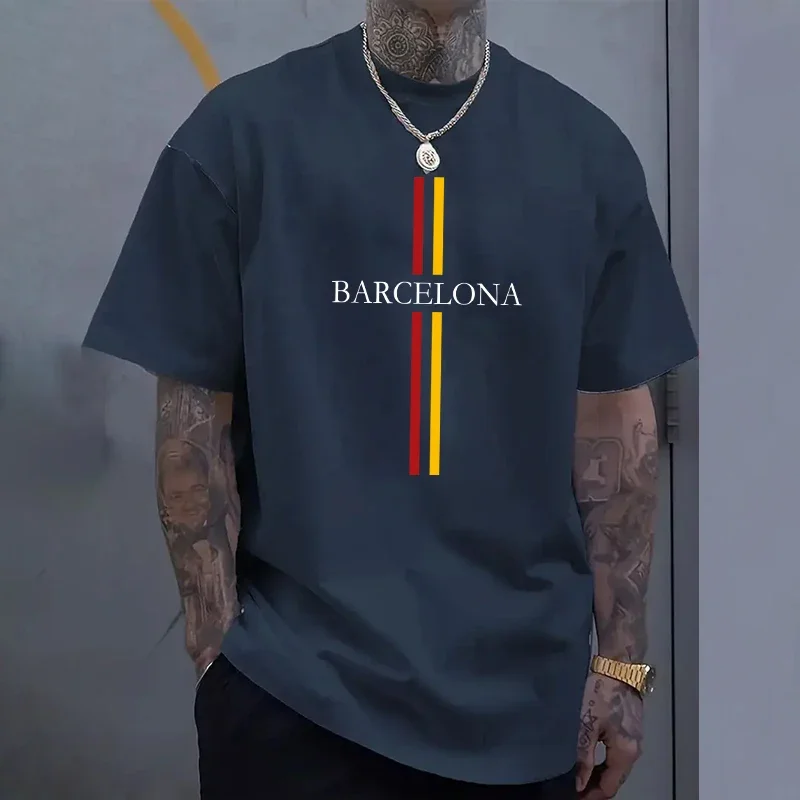Barcelona Herren-Baumwoll-T-Shirt, Frühling, Sommer, täglich, lässig, modisch, O-Ausschnitt, kurzärmelig, Top, männlich, Zuhause, Outdoor, Komfort, weiche T-Shirts