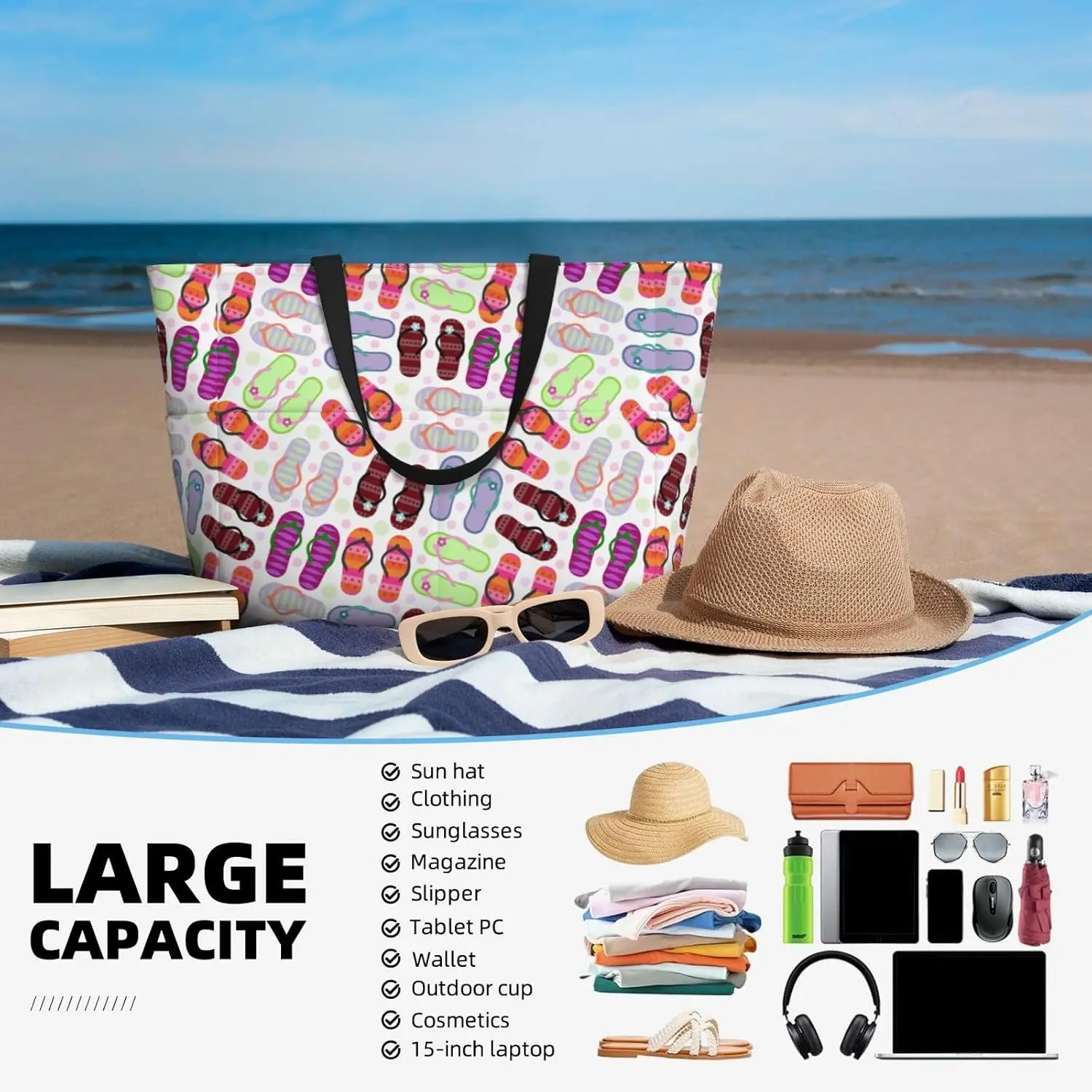 Slippers Large Beach Bag Waterproof Travel Tote Bag with Pocket Sandproof Foldable Weekender Bags for Pool Beach