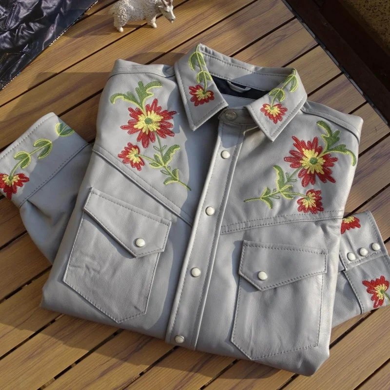 Heavy Embroidered Light weight Lambskin Leather Shirt Jacket, Unisex Premium Textured Outerwear for Musicians deal for Concerts
