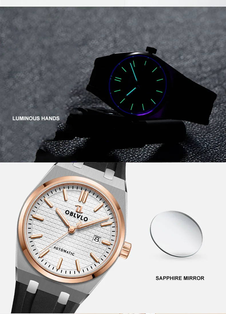 OBLVLO Мужские автоматические часы 41 мм Винтажные механические наручные часы 50 м Водонепроницаемые сапфировые светящиеся вафельные циферблаты