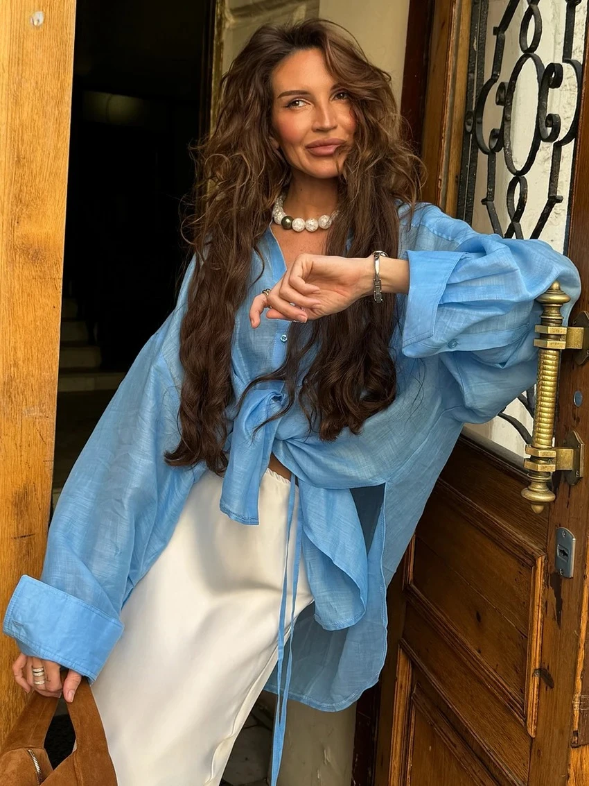 

Fashion Loose Blue Women's Blouse 2026 Sexy Lapel Long Sleeve Shirt Elegant Classic Solid Blusas Tops Female Clothing