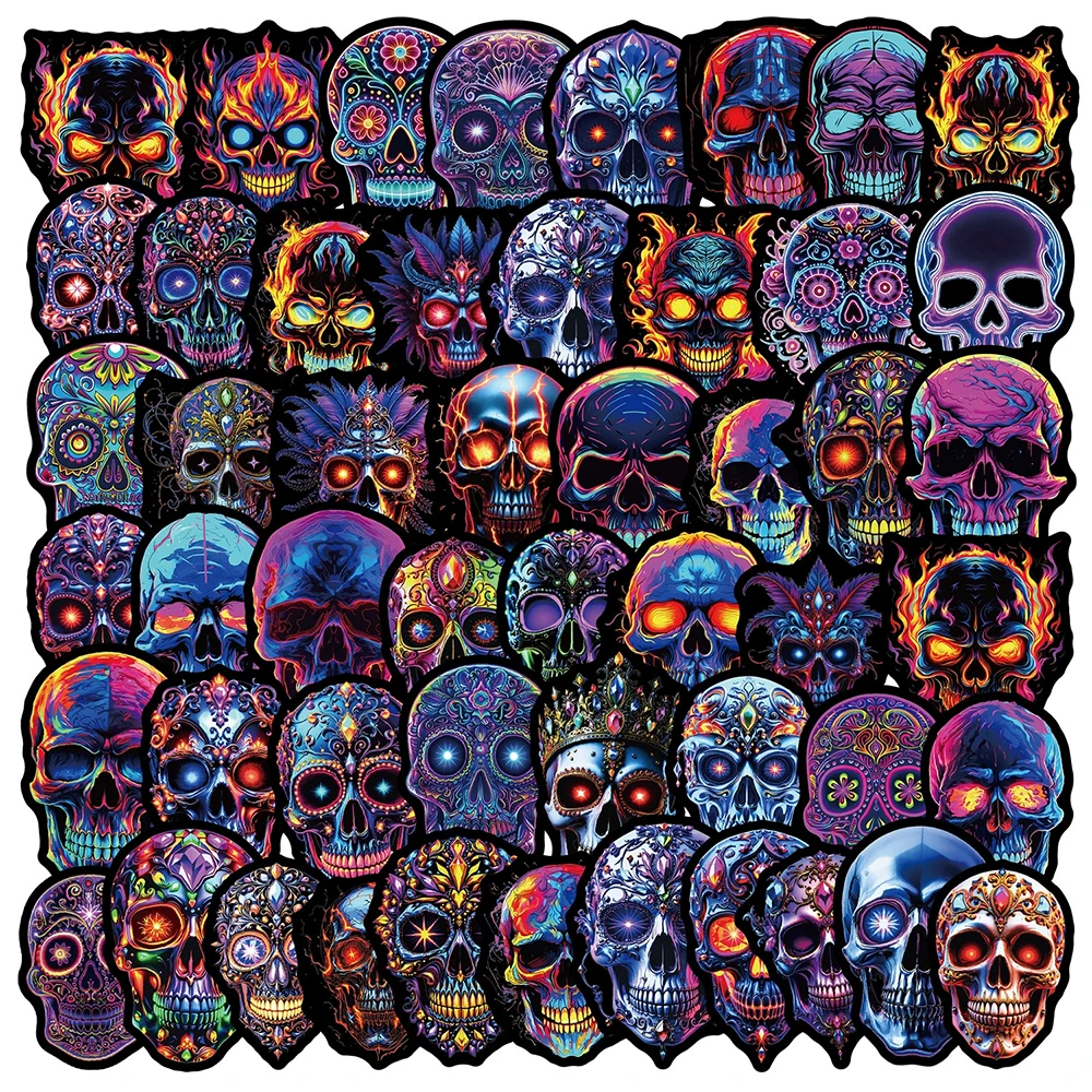 10/30/50pcs Cool Creative Neon Light Skull Stickers Cartoon Gothic Style Decals DIY Skateboard Phone Luggage Sticker Wholesale