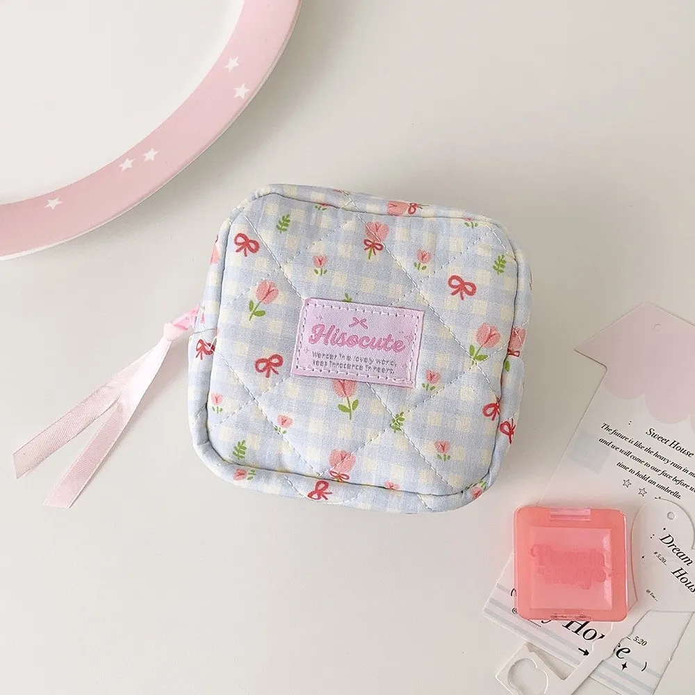 New Quilted Square Cosmetic Bag Floral Print Portable Plaid Makeup Pouch Zipper Closure Ribbon Bow Decor Coin Purse Daily Use
