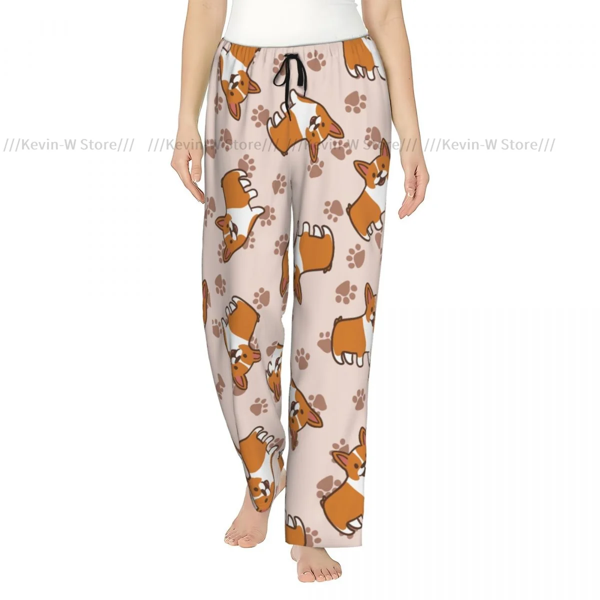 

Women Flannel Pajama Bottoms Soft Fleece Cartoon Corgis Dogs Sleep Pants with Drawstring Waist