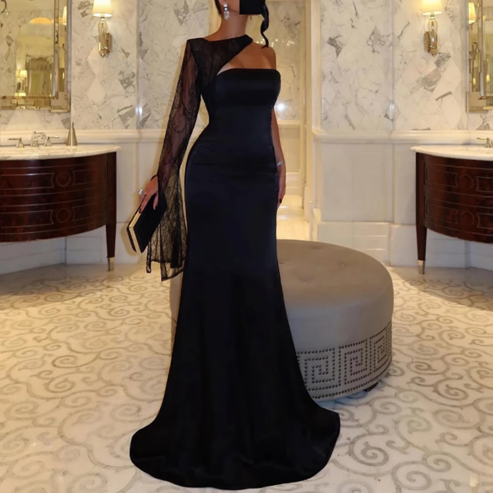 

Customized Black Strapless Velour Mermaid Formal Evening Dress Backless Floor Length Party Gown Lace Sleeve Prom Dress For Women