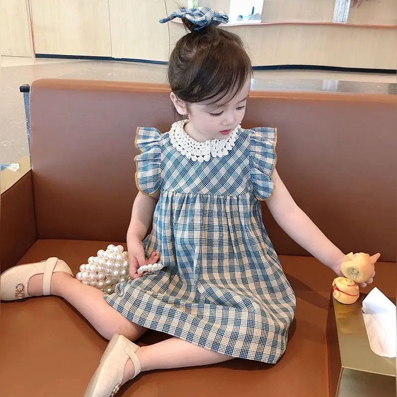 Girls Dress Summer New Fashionable Fashionable Female Baby Korean Lace Plaid Dress Sleeveless Children\'s Princess Dresses