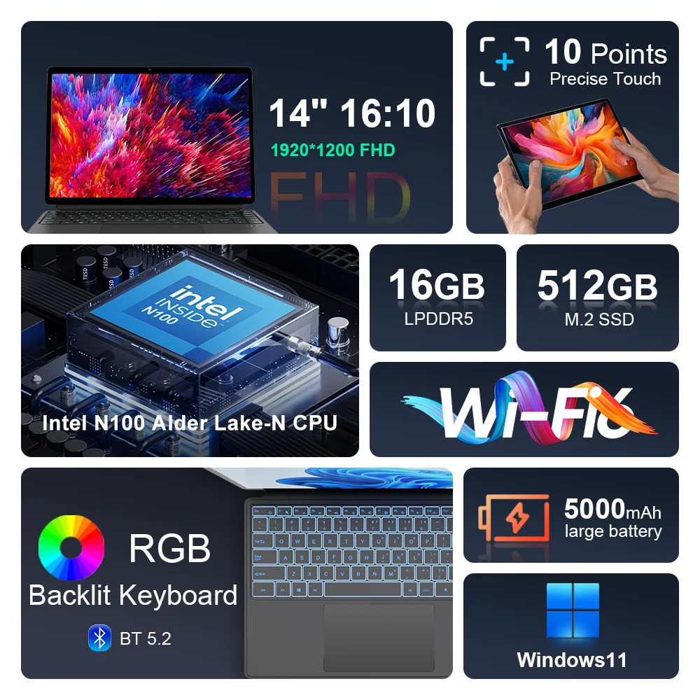 كمبيوتر محمول Ninkear T40 2 في 1 بشاشة تعمل باللمس Intel N100 14 بوصة FHD 16GB DDR5 512GB SSD كمبيوتر محمول واي فاي 6 RGB بإضاءة خلفية