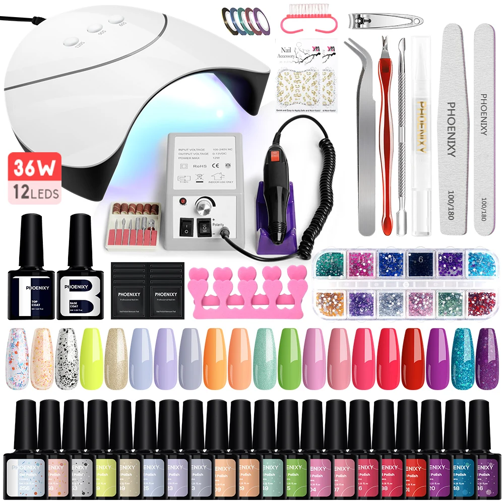 Gel Nail Polish Set with 36W UV LED Nail Lamp Nail Drill Machine Kit Semi Permanent UV Gel Varnishes Complete Nail Art Tools Set