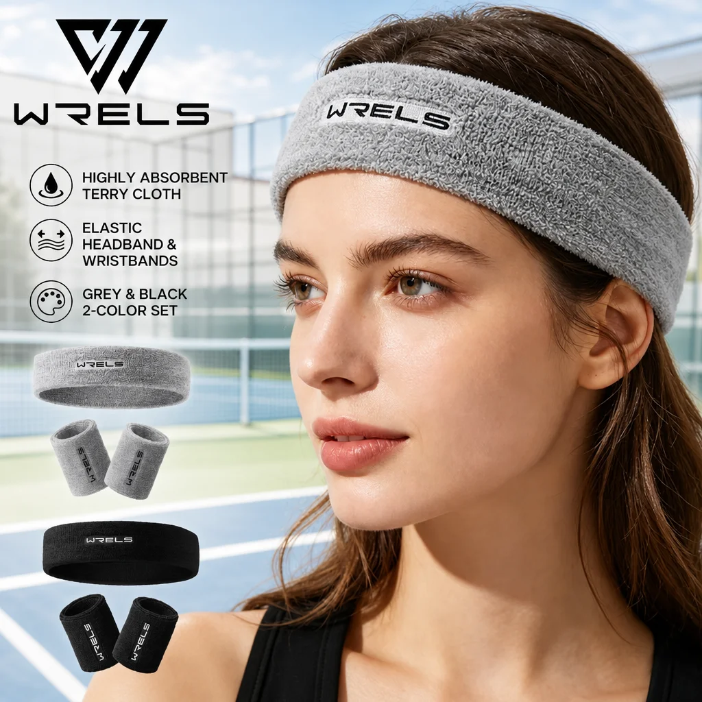 WRELS Sports Headband Wristband Set Terry Cloth Sweatband Breathable Hair Band Men Women Running Basketball Tennis Wrist Bands